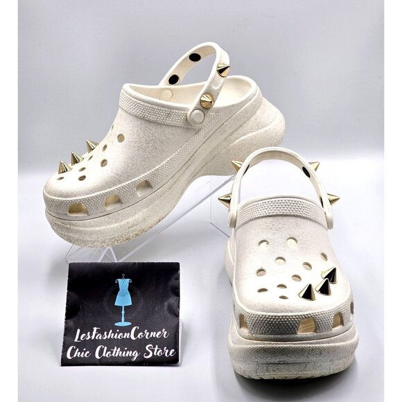 CROCS Shoes - Crocs Women's White Off Bae Glitter Stud Platform Clogs Gold Spikes Sz 9  2360